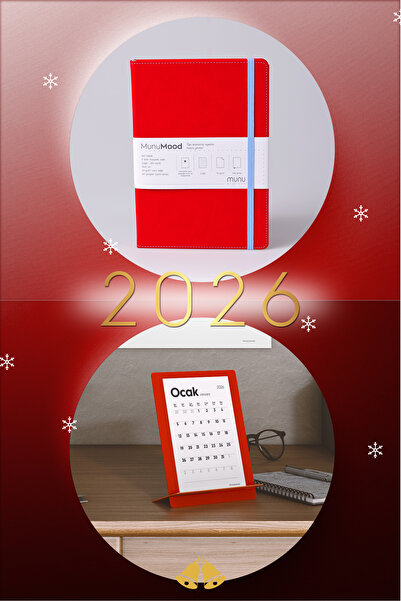Munu Note Kırmızı Defter - Munucal S 2026 Masa Takvimi - Hediye Set