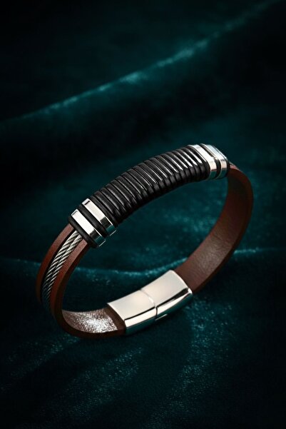 OSMANLI GÜMÜŞ Erkek Çelik Bileklik - Kahverengi Deri Model Siyah Spiral Desen...