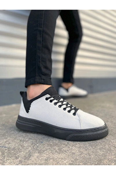 Joy Ayakkabı JY204 Ανδρικά παπούτσια casual sneaker από λινό ύφασμα με κορδόνια KST - Λευκό/Μαύρο