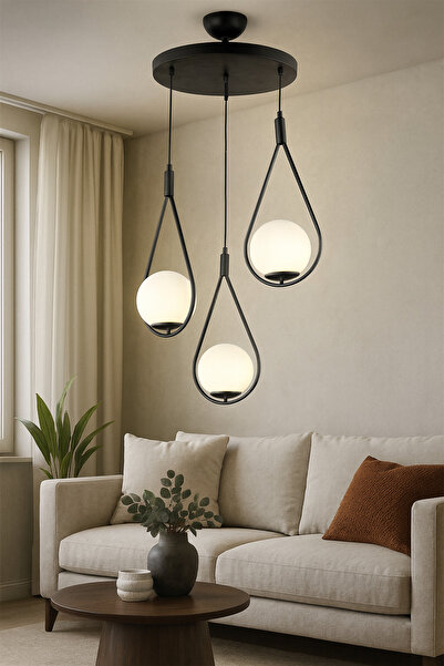 VENON Damla 3lü Kent 3lü Siyah Beyaz Glop Camlı Sarkıt Modern Avize Salon Avi...