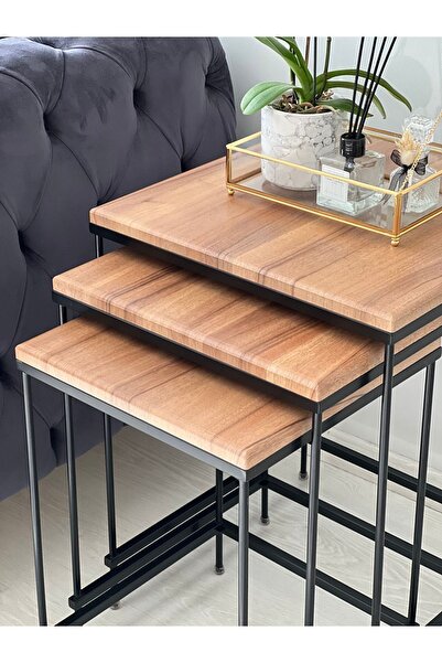 AssuCasa Brad Siyah Metal Eskitme Beyaz Kaplama Zigon sehpa