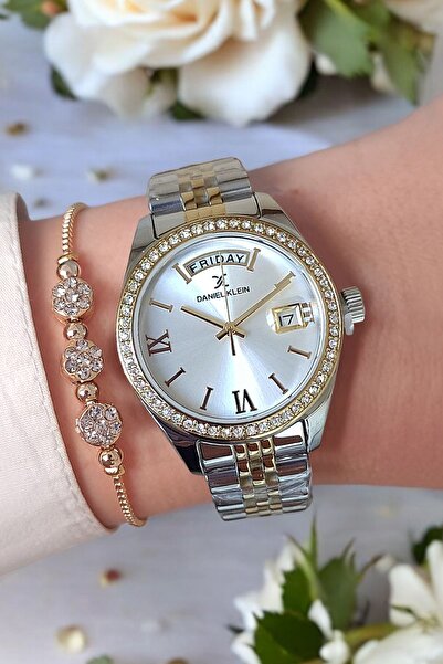Daniel Klein 33 mm Jübile Bilezik Altın/Metalik Takvimli Kadın Kol Saati, Taşlı Bileklik Hediyeli