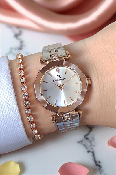 Daniel Klein 30 mm Cut Glass, Stone, 3 Atm Waterproof Rose/Metallic Women's Wristwatch with Stone Bracelet Gift