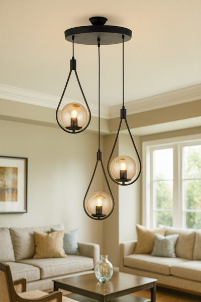 VENON Damla 3lü Kent 3lü Siyah Bal Glop Camlı Sarkıt Modern Avize Salon Avizesi