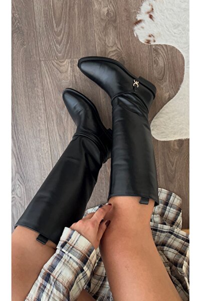 Saracshoes Gerçek Deri Kadın Çizme  Siyah Tokalı  Jockey