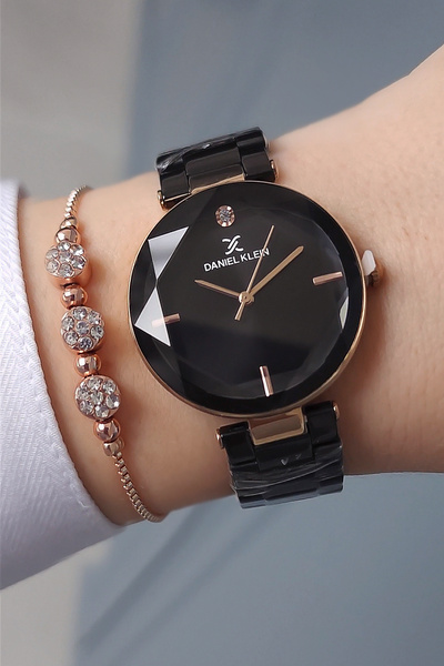 Daniel Klein Kesme Camlı Çelik Bilezik Siyah/rose Gold Kadın Kol Saati - Taşlı Bileklik Hediyeli