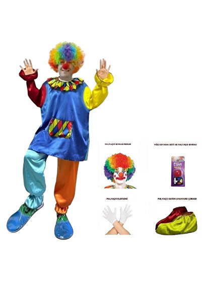 KOSTÜMCE Palyaço Kostümü Alt Üst Takım ve 5 Parça Gösteri Seti