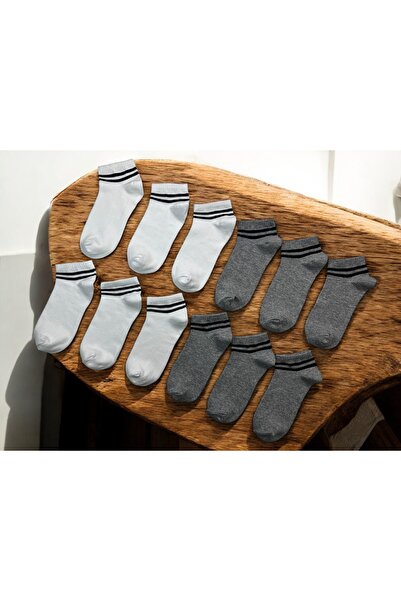 KAYSSOCK Women's Men's 12-Piece Cotton Striped Booties Socks Set Comfortable Breathable White Gray