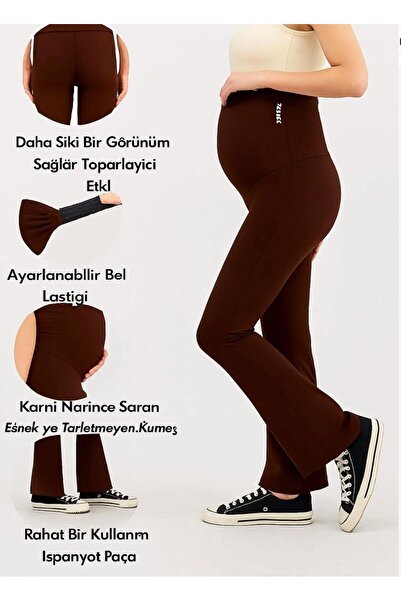 Lesa Wear İspanyol Paça Ayarlanabilir Yüksek Bel Esnek Toparlayıcı Ve Sıkılaştırıcı Hamile Tayt Kahverengi