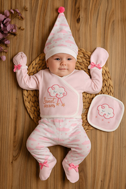 Tomuycuk طقم من 5 قطع للأطفال حديثي الولادة من القطن 100٪ - وردي وموسمي مع تطريز