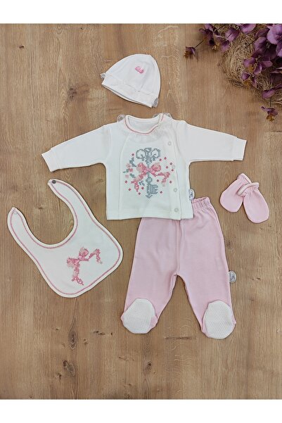 Tomuycuk Newborn Baby Girl Cross-Stitch Embroidered 5-Piece Hospital Release Set 100% Cotton Seasonal Set