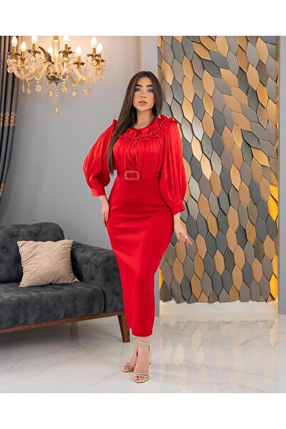 CAREZZA Mirellé - Fırfır Yaka Taş Kemerli Abiye Elbise - Kırmızı