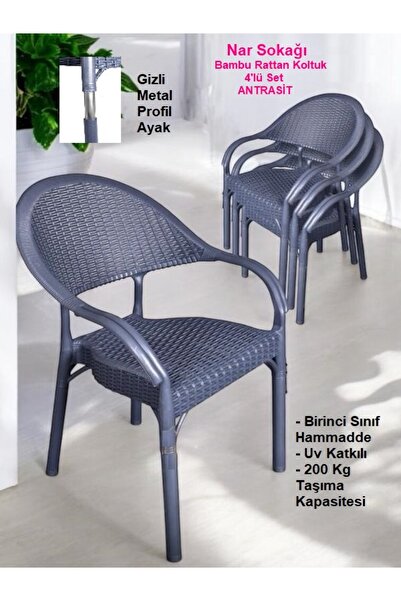 nar sokağı 4 Adet Bambu Rattan Kollu Sandalye Koltuk