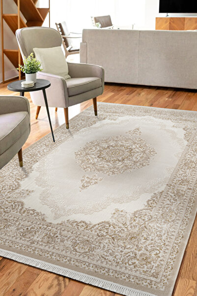 Karmen Halı Etro ET005S Bej Klasik Göbekli Desen Parlak Ağır Yüksek Sıklıkta ...