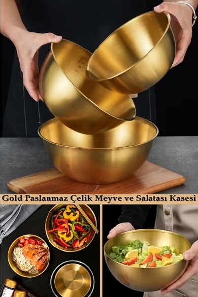 Kitchen Beauty 3'Lü Gold Paslanmaz Çelik Karıştırma Ve Salata Kasesi Çırpma K...