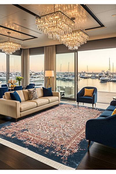 Karmen Halı Diamente DM005M Krem Koyu Mavi Çerçeve Halı Modern Klasik Desen 1...