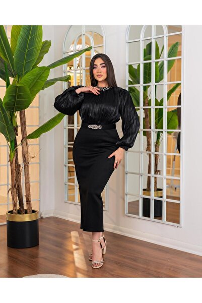 CAREZZA Luméris - Boncuk Yaka Detaylı Abiye Elbise - Siyah
