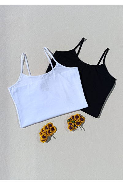 siyalife 2'li Basic İp Askı Likralı Siyah, Beyaz, Kadın Atlet