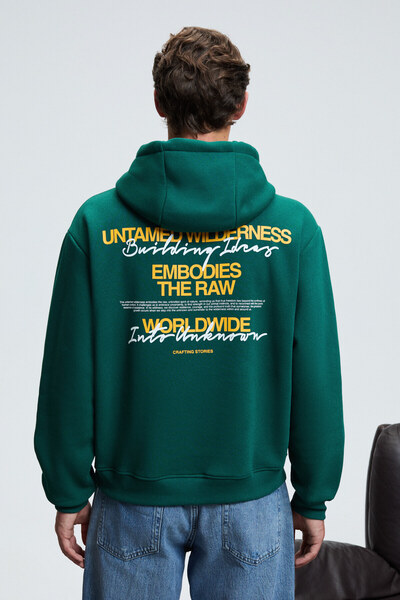 GRIMELANGE PASCAL Erkek Kapüşonlu Kanguru Cepli Önü Ve Sırtı Baskılı Regular Fit Yeşil Sweatshirt