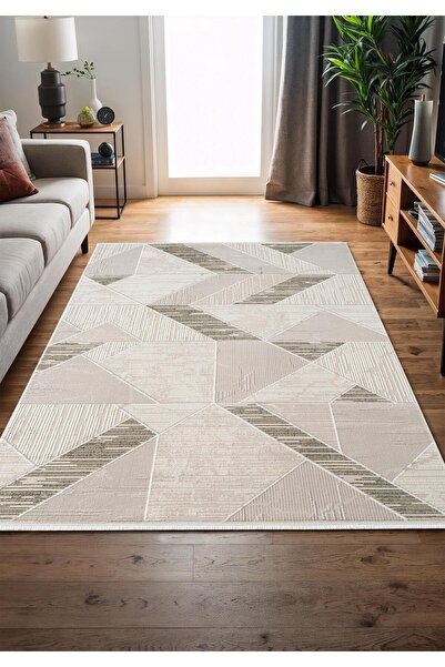 Cotto Home Armada AD003Y Gri Halı Yeşil Geometrik Detaylı Akrilik Tozu Az Salon Halısı Yatak Odası Karidor