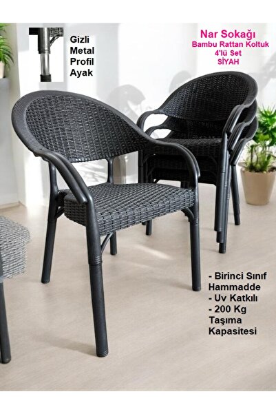 nar sokağı 4 Adet Bambu Rattan Kollu Sandalye Koltuk 4'lü Set