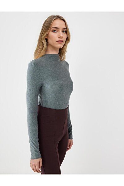 Jimmy Key Antrasit Melanj Dar Kesim Sıfır Yaka Uzun Kollu Örme Bluz