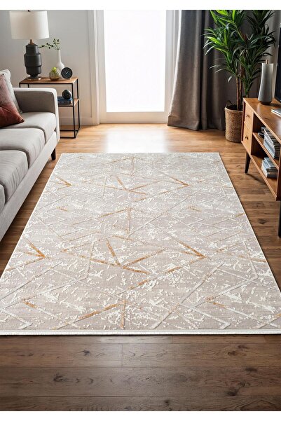 Cotto Home Armada AD002S Gri Halı Beyaz Sarı Geometrik Detaylı Akrilik Tozu A...