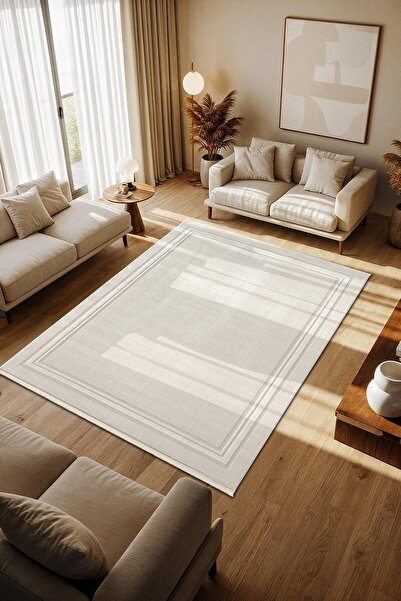 Cotto Home Cotto Motto TT006W Krem Halı Klasik Çerçeveli Desen Pamuk Taban Yıkanabilir Salon Mutfak Halısı