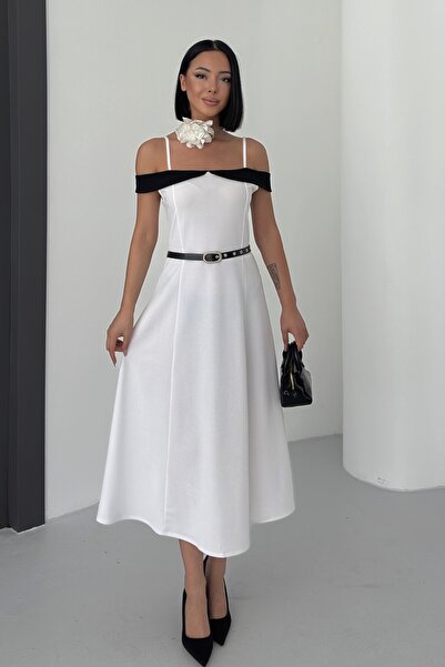 ALFUDO Moda Collection فستان أبيض متوسط الطول بحزام بلونين