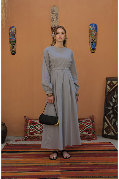Fatma Atasoy Tünel Büzgülü Gri Pamuk Elbise