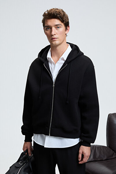 GRIMELANGE ASHBY Чоловічий худі з капюшоном, блискавкою, кишенями та шнурком, прямий крій, чорний