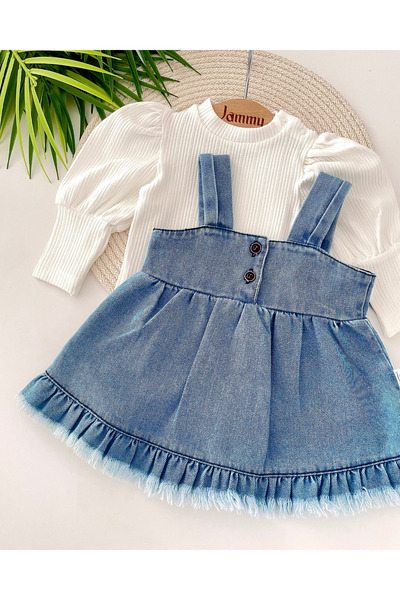Jammybaby Püsküllü Kot Jile Elbise %100 Pamuk Likralı Ribana Balon Bluz Lüks Jean Kız Bebek Takım