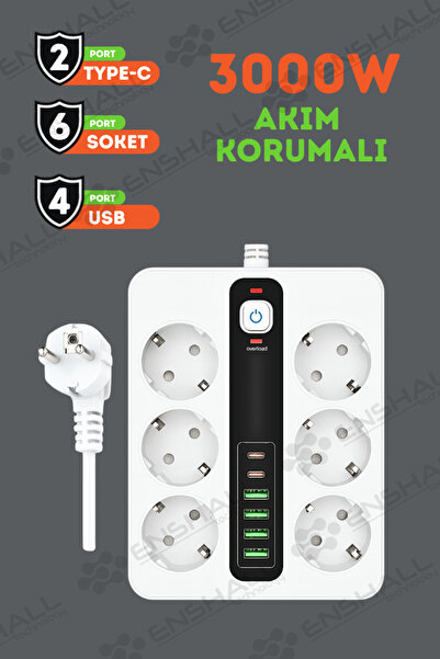 Enshall PRO P11 5X Priz 3000W Termal Akım Korumalı 4X USB 2X Type-c Girişli Çoklu Priz