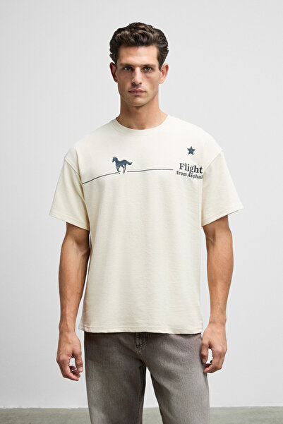 GRIMELANGE Landi Men's Front Embroidered and Printed Back Printed 100% Organic Cotton Crew Neck Oversize Fit Cream