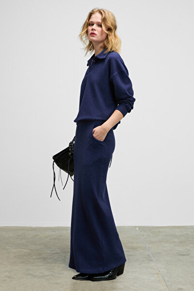 GRIMELANGE Silken Women's Soft and Flexible Fabric Polo Collar Navy Blue Sweatshirt