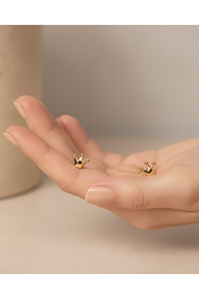 İNDİGO TAKI Minik Sade Kraliçe Tacı 14 Ayar Altın Küpe