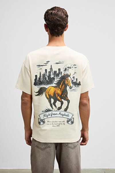 GRIMELANGE Landi Men's Front Embroidered and Printed Back Printed 100% Organic Cotton Crew Neck Oversize Fit Cream