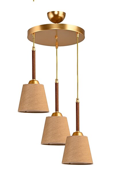 DEDE Üçlü Tepsili Sarkıt Avize Ceviz Gold Abajur Şapkalı