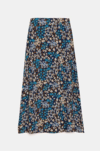 Saade Lacivert Kadın A Kesim Normal Bel Çiçek Desenli Midi Dokuma Etek - Viskon