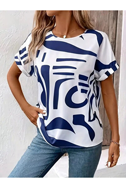 MODA Γυναικεία μπλούζα με κοντό μανίκι με στρογγυλή λαιμόκοψη με σχέδιο