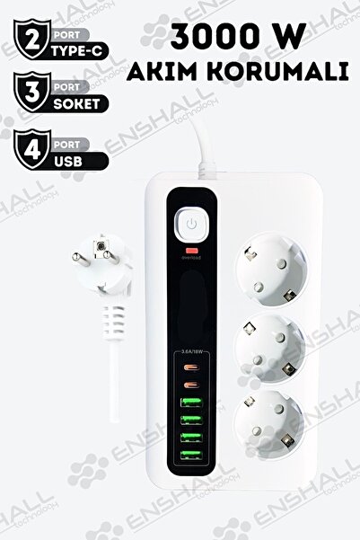 Enshall PRO P10 3X Priz 3000W Akım Korumalı 4X Usb 2X Type-c Girişli Çoklu Priz