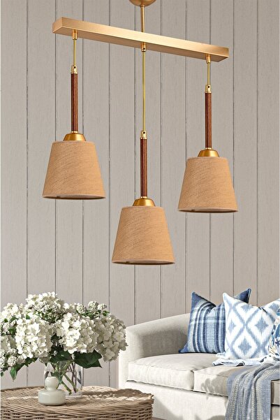 Genel Markalar Şık üçlü sarkıt avize, ceviz abajur ve şapkalı tasarım, modern...