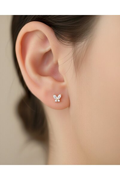 İNDİGO TAKI Minik Mekik Taşlı Kelebek 14 Ayar Altın Küpe
