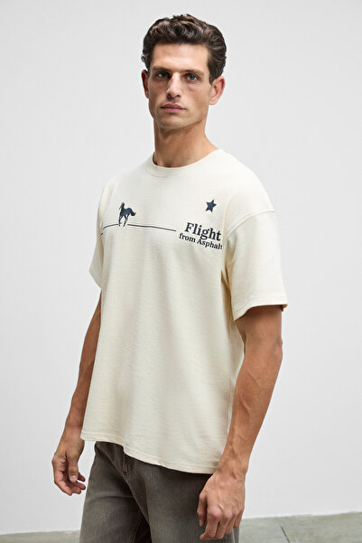 GRIMELANGE Landi Men's Front Embroidered and Printed Back Printed 100% Organic Cotton Crew Neck Oversize Fit Cream