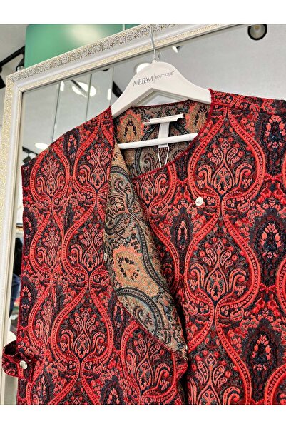 MERAM BUTİK Ekru Vest Ethnic Pattern - Bordo - L