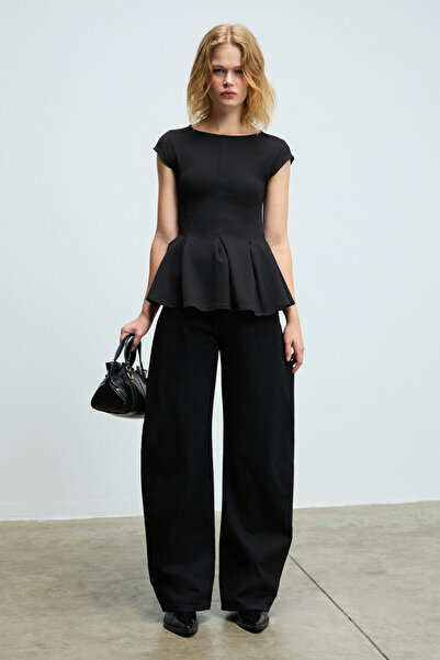 GRIMELANGE ROLLIE Γυναικεία φούστα με λαιμόκοψη με λεπτομέρεια με κουμπιά στο πίσω μέρος, μίνι κοντό μανίκι, πλισέ στο κάτω μέρος της φούστας, μαύρο B