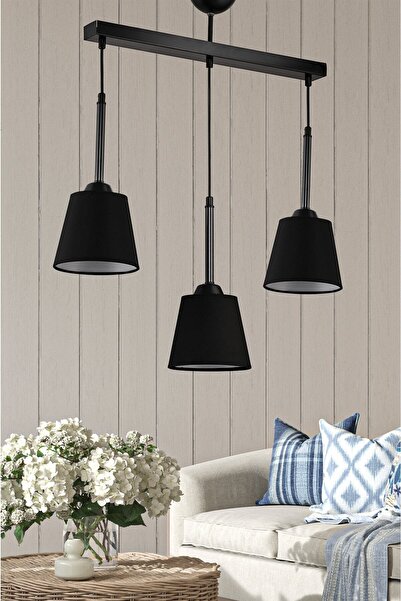 DEDE Cakalı Üçlü Sarkıt Avize Siyah Abajur Şapkalı