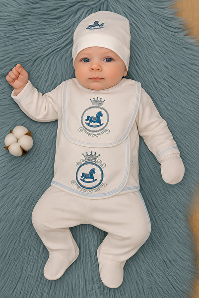 Tomuycuk 100% Cotton Newborn Hospital Release - Blue Embroidered & Seasonal Baby Set - Set of 5