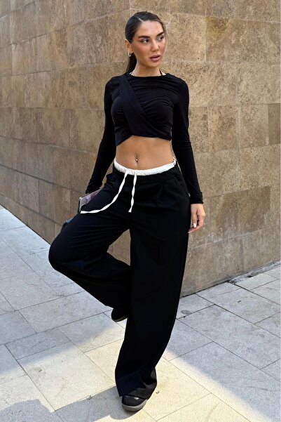 Madmext Siyah Çift Bel Bantlı Wide Leg Kadın Pantolon MG2551