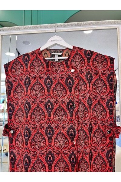 MERAM BUTİK Ekru Vest Ethnic Pattern - Bordo - L